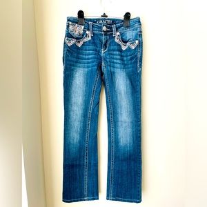 Grace in LA Geometric Embellishment Mid Rise Bootcut Jeans